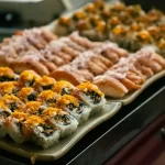 Um close-up de diversos rolos de sushi e nigiri dispostos em um prato retangular, cobertos com guarnições coloridas e prontos para serem servidos.